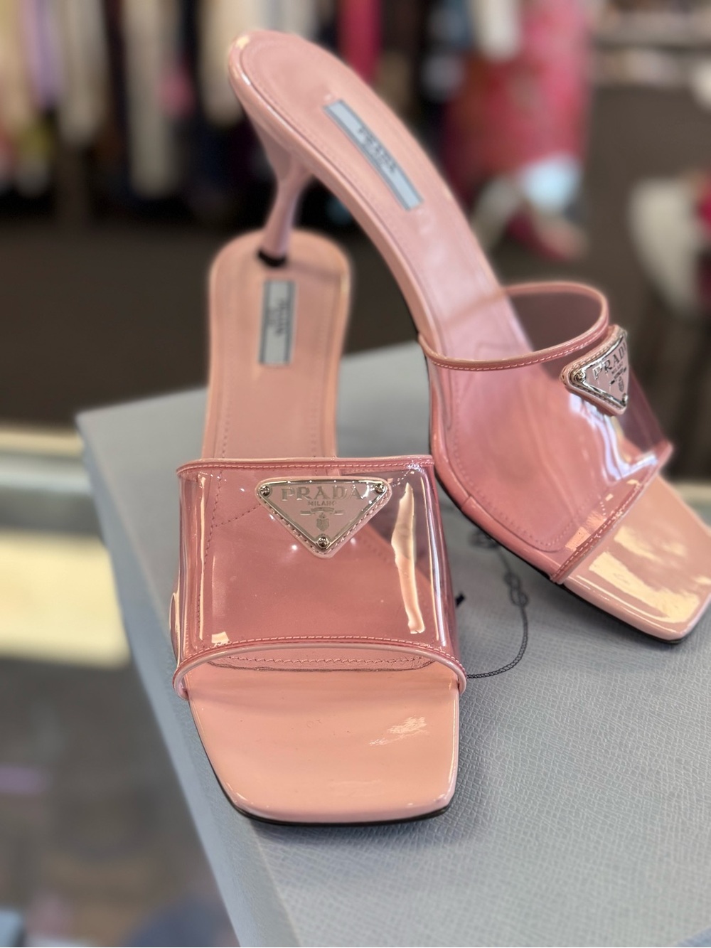 Prada Pink Patent Slide Mules with Triangle Logo - Picture 5 of 8